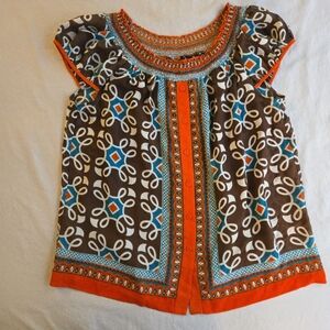 Nicole Miller Boho Short Sleeve Brown & Orange Blouse Smocked Neckline